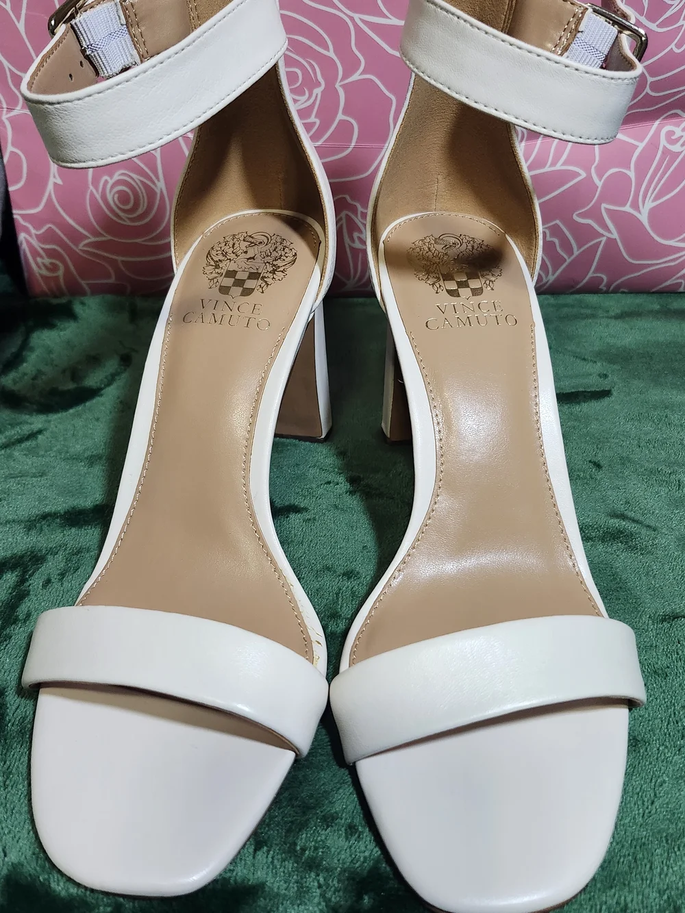 Vince Camuto White Ankle-Strap Block Heel Sandals